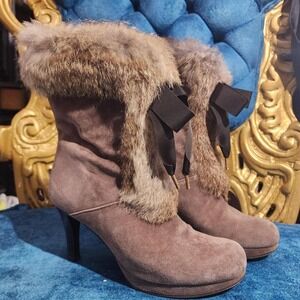 Vintage Brown Rabbit Fur Trimmed Suede Boots
